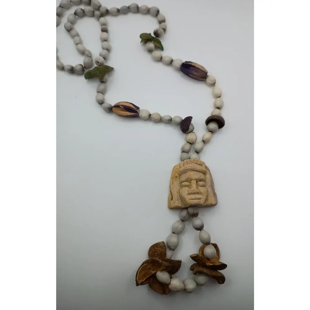 Vintage Mayan Carved Stone & Seed Pod Necklace